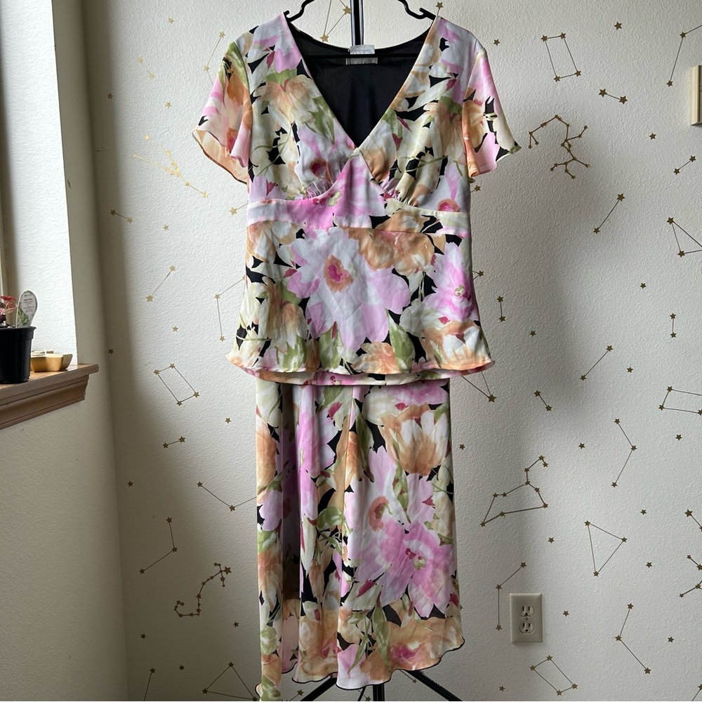 Vintage AGB Byer Top/ Asymmetrical Skirt Set with Multi-color Floral Pattern